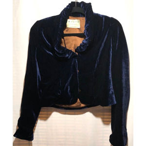 Wyeth by Todd Magill midnight blue velvet short jacket with ruffled collar